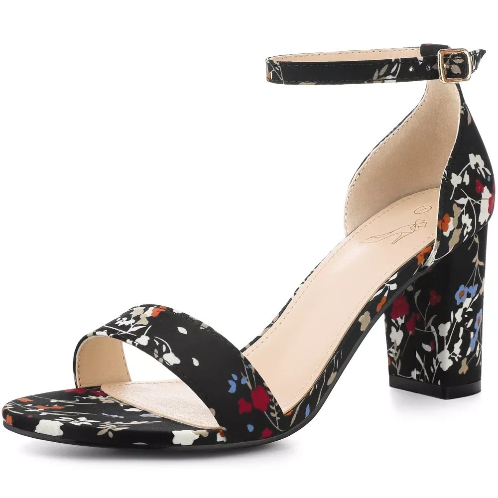 Women Floral Ankle Strap Chunky Heels Black Size 7 Perphy New in Box